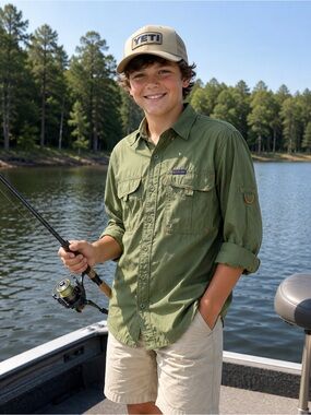 Columbia Boys Olive Green Long-Sleeve Button-Down Fishing Shirt